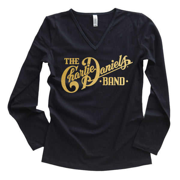 CLOSEOUT! Women's Long Sleeve CDB High Lonesome Logo Gold Foil V-Neck Tee