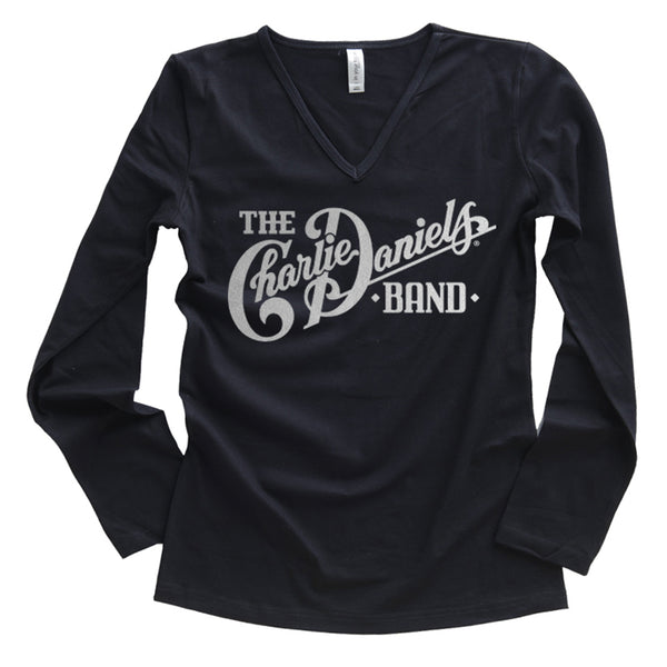 CLOSEOUT! Women's Long Sleeve CDB High Lonesome Logo Silver Foil V-Neck Tee